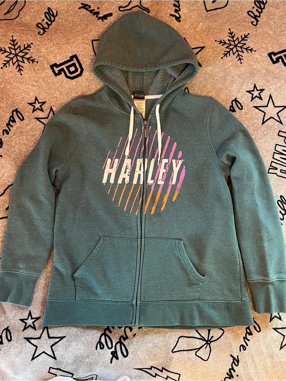Harley-Davidson Teal Zip-Up Hoodie with Pink & Orange Graphic Women’s Large